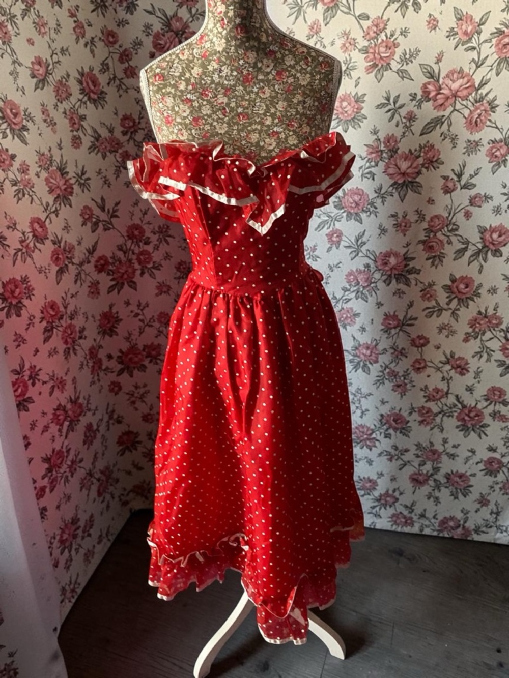 Gunne Sax Red White Polka Dot Strapless Ruffle Dress